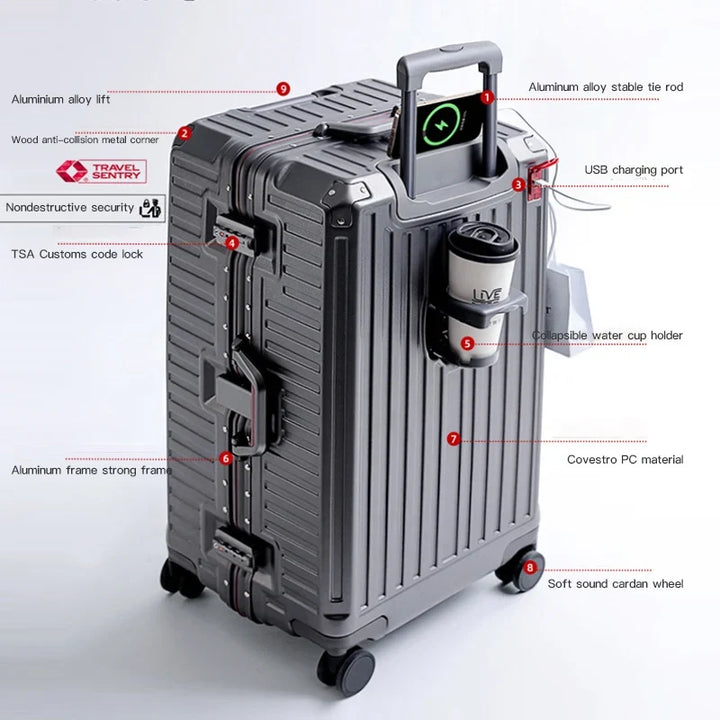 Organized hardshell travel suitcase with wide grip handle & secure compartments for travelers.
