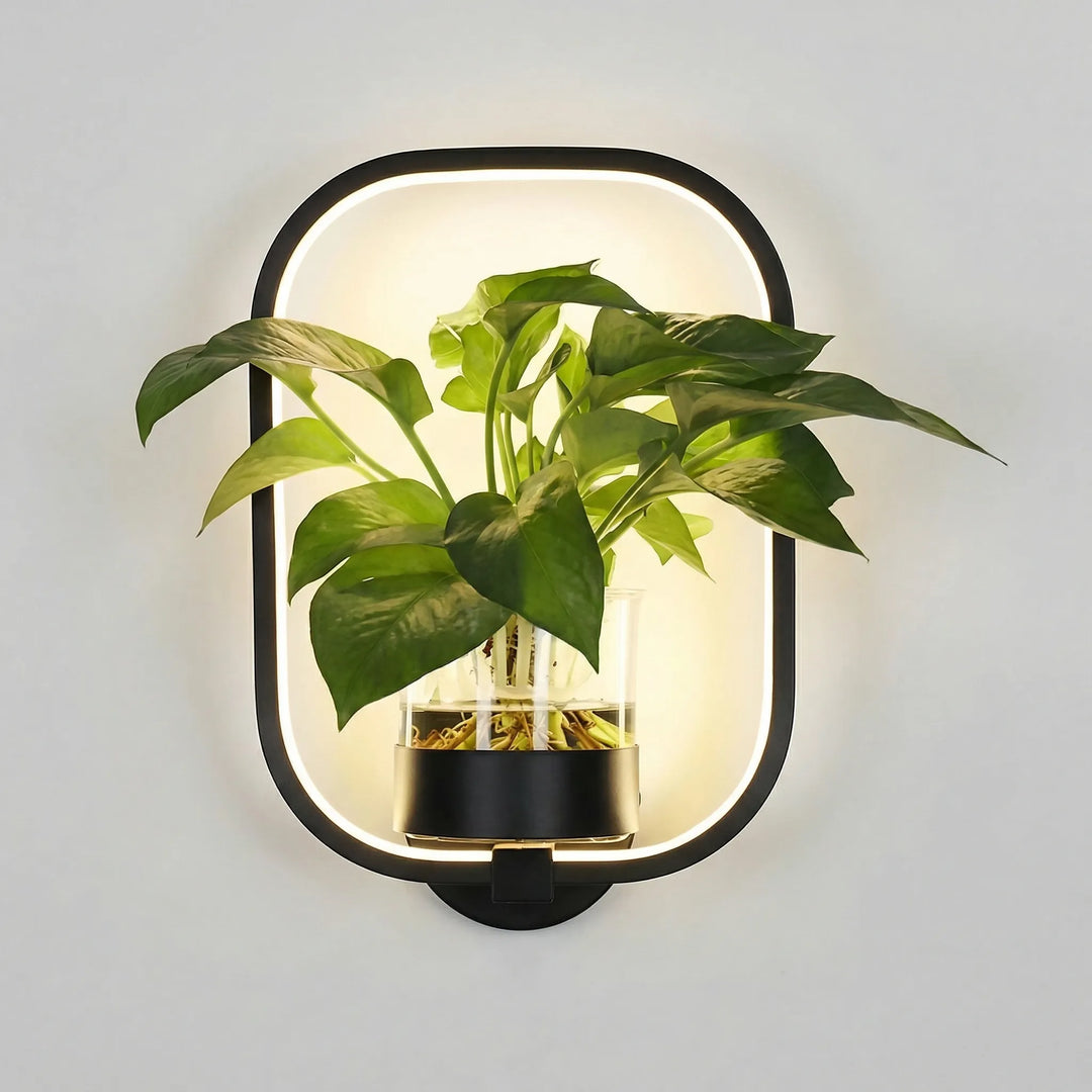 Functional wall lamp with plant holder, a unique home accent for indoor ambient lighting.