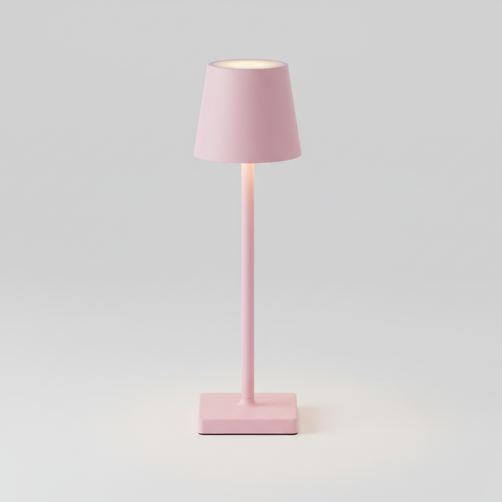 Compact wireless dimmable LED table lamp, offering portable ambient light for modern decor. Rechargeable.