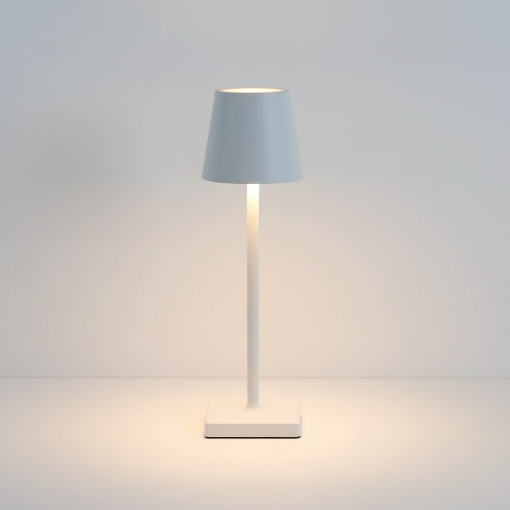 Scandinavian dimmable LED table lamp, portable & wireless for versatile ambient lighting. Modern decor.