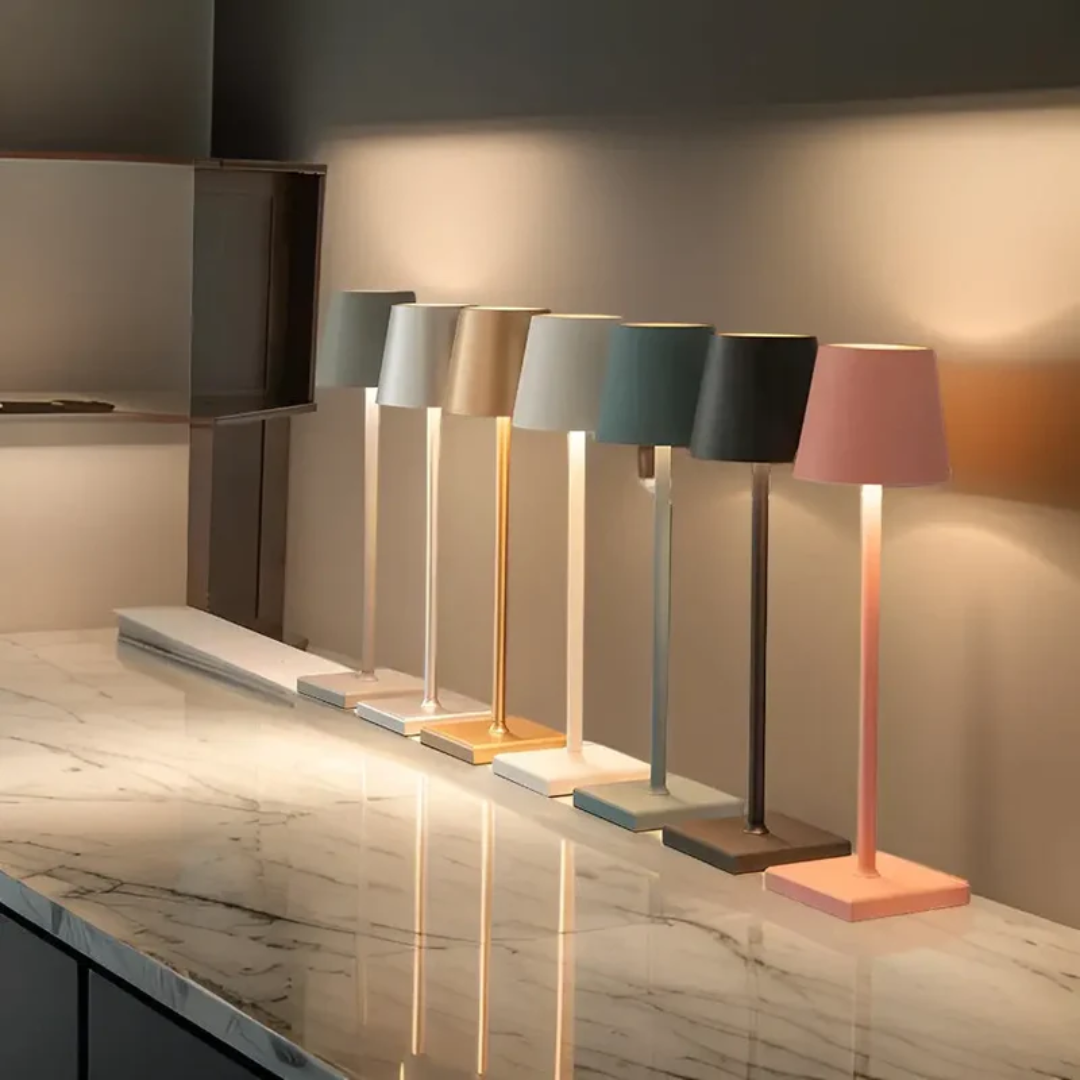 Contemporary wireless LED table lamp with dimmable light, enhancing indoor & outdoor spaces. Rechargeable.