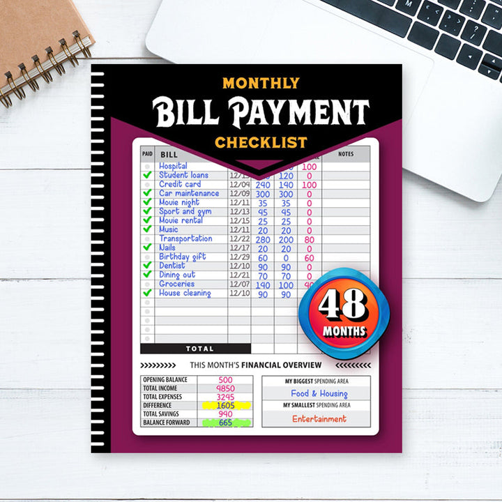 Financial management notebook with a sleek, minimalist cover design, surrounded by pens.