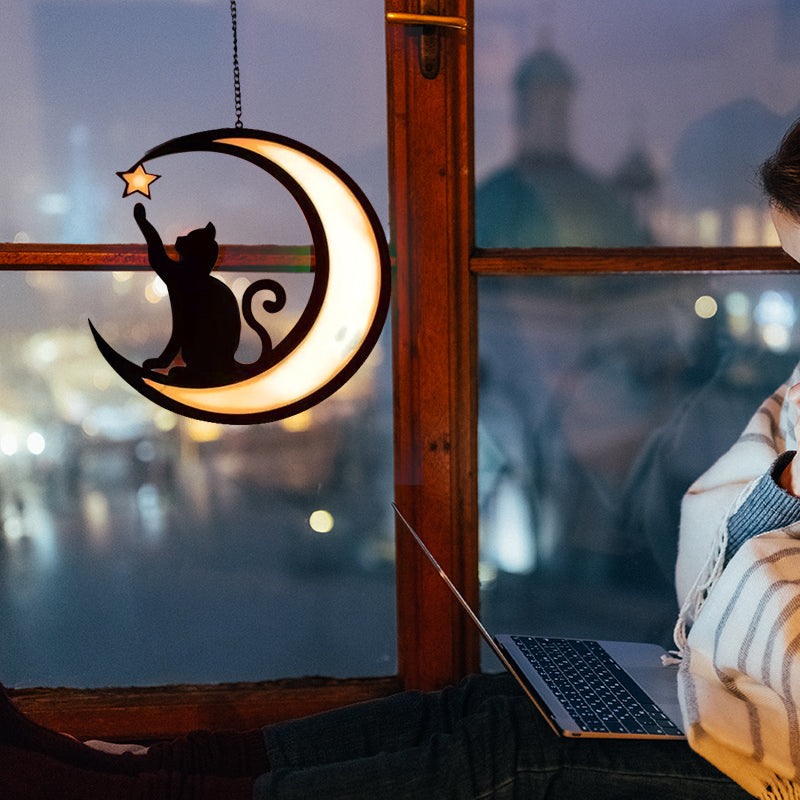 Vibrant Moon Cat Suncatcher Pendant, stained glass style cat decor ideal for home window art