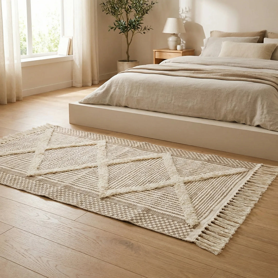Moroccan runner rug with textured waves design and fringe. Perfect for hallway or kitchen. Washable.