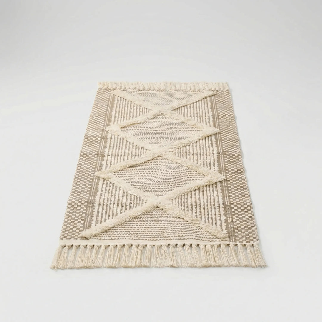 Elegant Moroccan runner rug in earth tones featuring a Flowique wave design. Ideal home decor for living room.