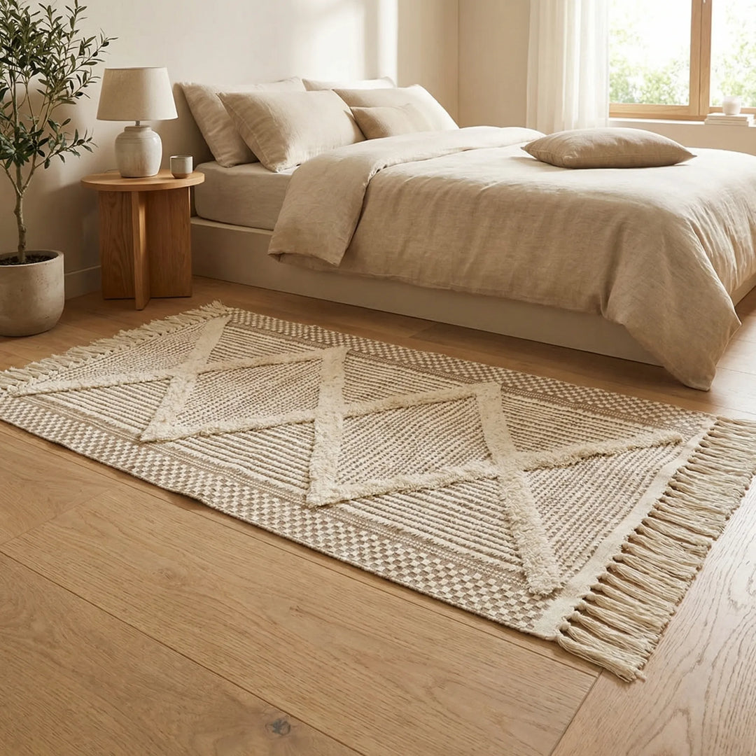 Soft earth tone Moroccan runner rug with textured geometric pattern. Adds bohemian style to any indoor space.