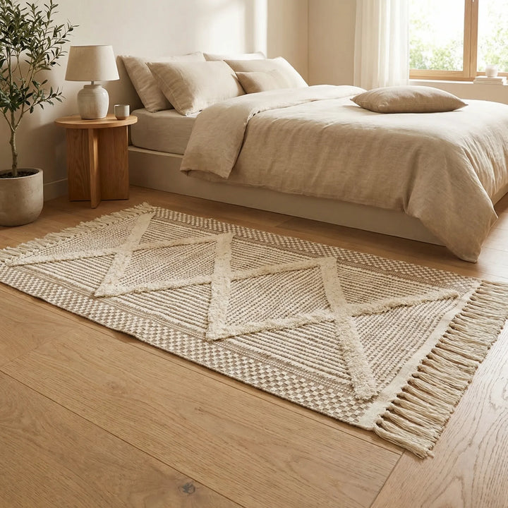 Soft earth tone Moroccan runner rug with textured geometric pattern. Adds bohemian style to any indoor space.