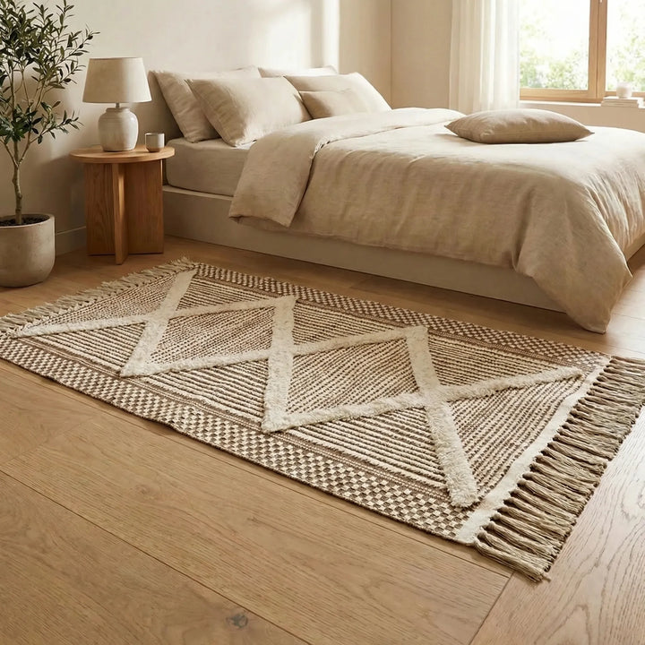 Washable Moroccan runner rug featuring a Flowique wave design and fringe. Versatile for kitchen, hallway, or bedroom.