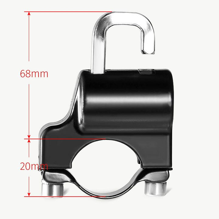 Motorcycle helmet & bag lock attached to handlebars, securing a full-face helmet, universal fit gear security