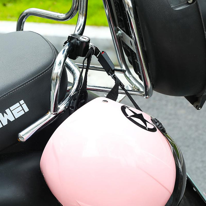 Motorcycle helmet security lock with helmet, showing simple installation onto bike frame, anti-theft accessory