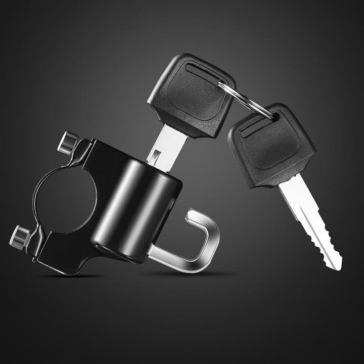 Black aluminum alloy motorcycle helmet lock, essential accessory for securing helmets & bags on any motorcycle