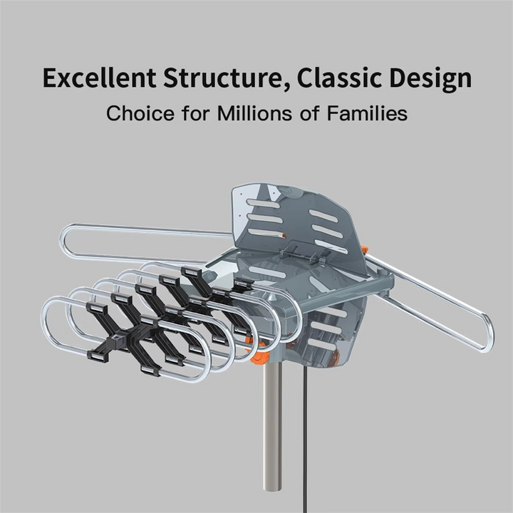 Motorized outdoor HD TV antenna with remote control for 360° long-range digital reception.