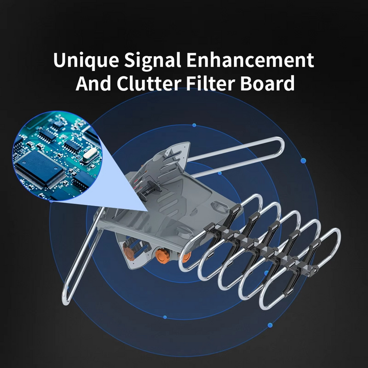 Weatherproof outdoor motorized HD TV antenna, signal booster for reliable long-range digital reception.