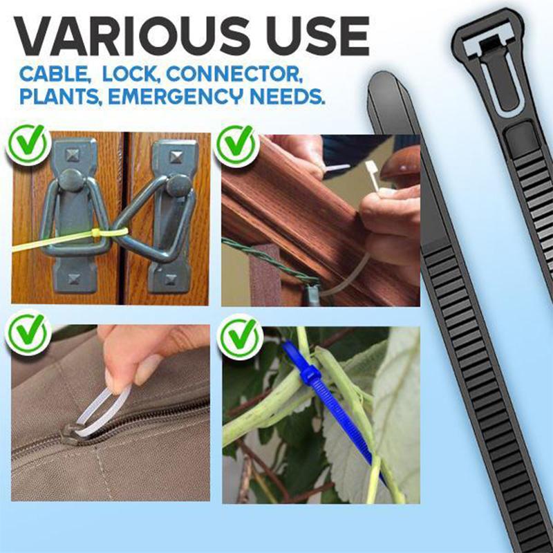 Pack of 100 durable reusable nylon cable ties in various colors for tools