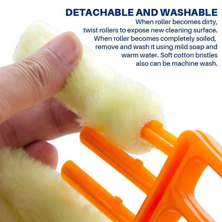 Ergonomic multi-finger cleaning tool in action, dusting Venetian blinds easily