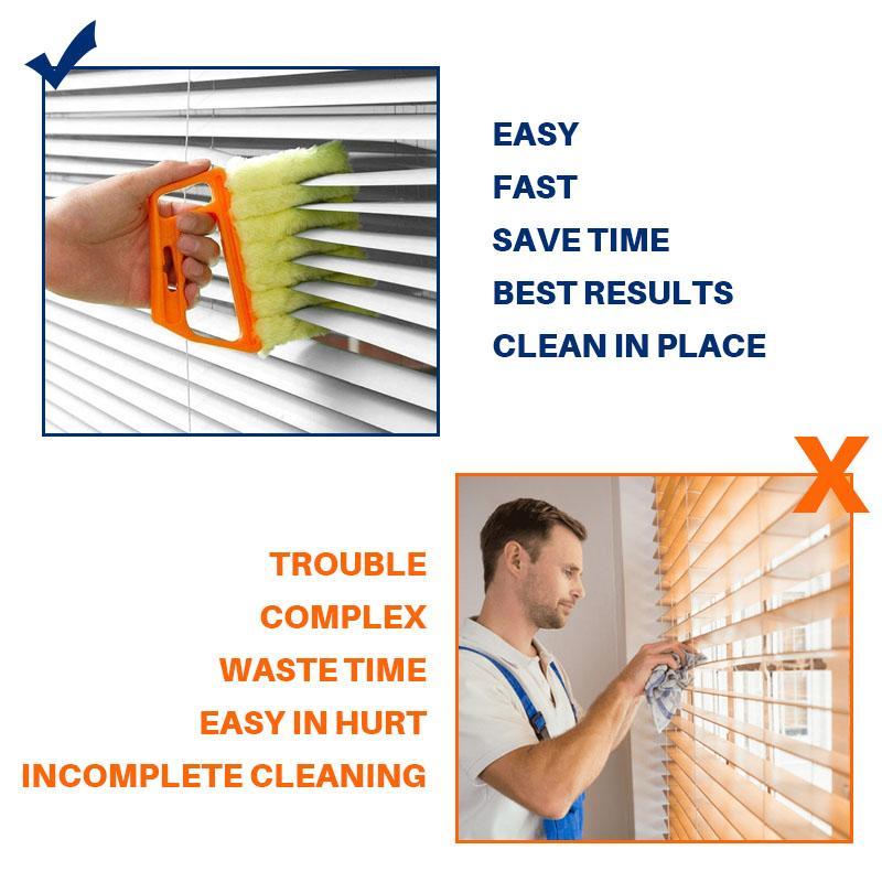 Hand holding a versatile multi-finger cleaning tool for blinds, promoting efficient dusting