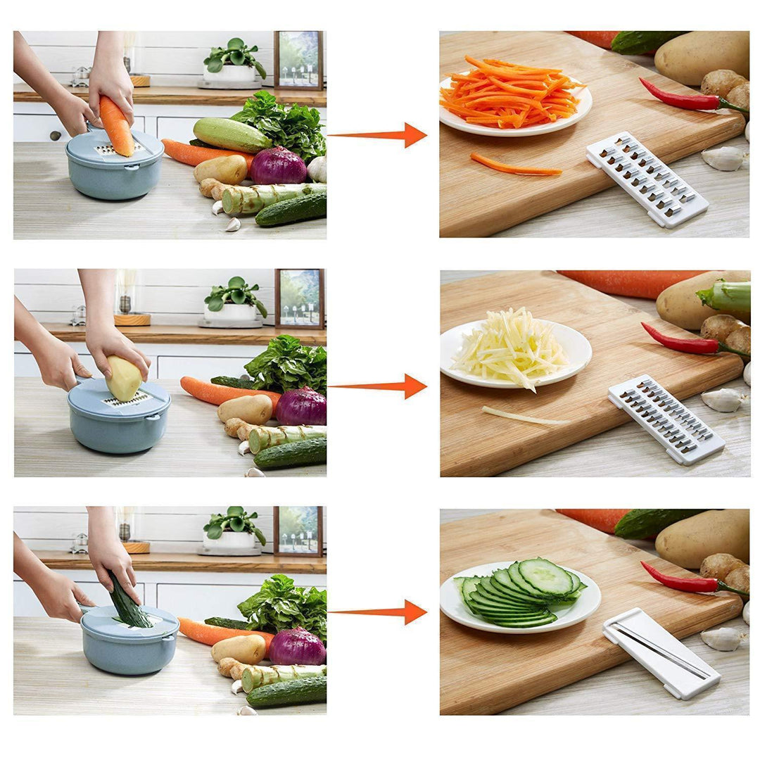 Lifestyle image of the vegetable slicer being used to prepare a fresh salad, promoting healthy eating.
