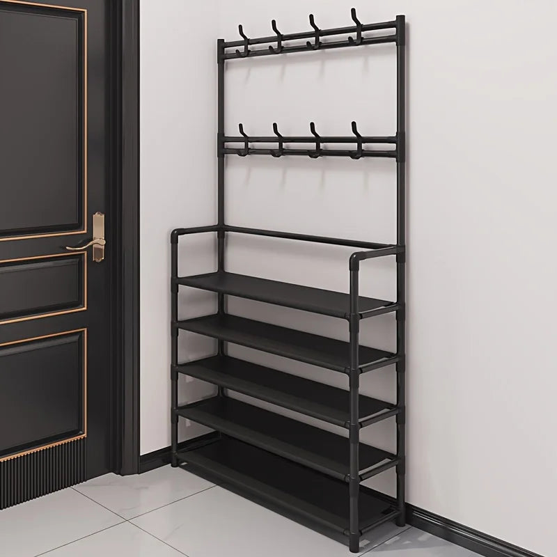 Multi-layer steel coat rack with shoe storage shelf, perfect entryway organizer. Compact hall tree for home organization.