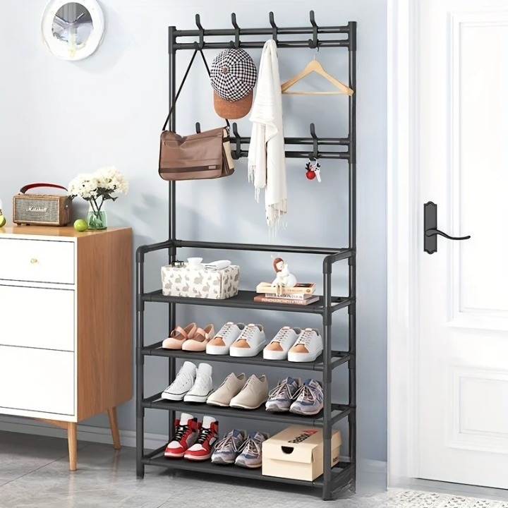 EntryMate multi-layer steel frame coat rack & shoe storage shelves. Ideal compact solution for entryway organization.