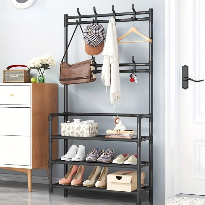 Standing multi-layer coat rack with shoe storage shelves for entryway. Compact home organization & closet solution.