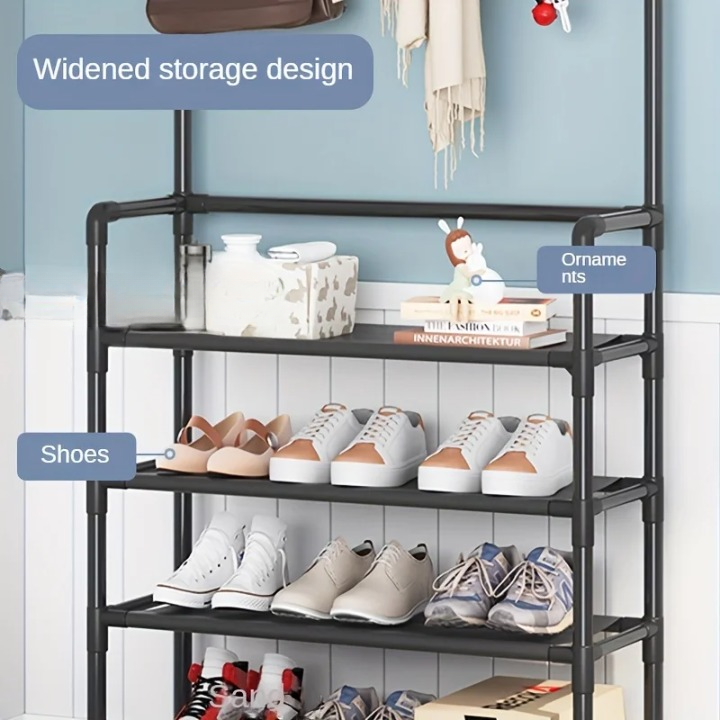 Modern multi-layer steel coat rack with integrated shoe storage for entryway. Space-saving home organization.