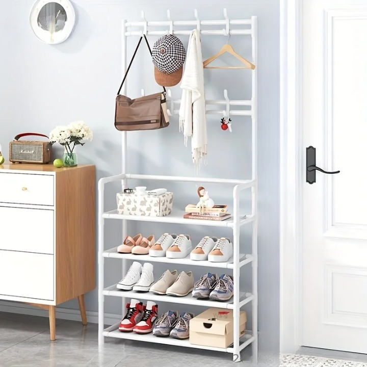 Entryway hall tree featuring multi-layer steel coat rack & shoe storage. Complete home organization solution.