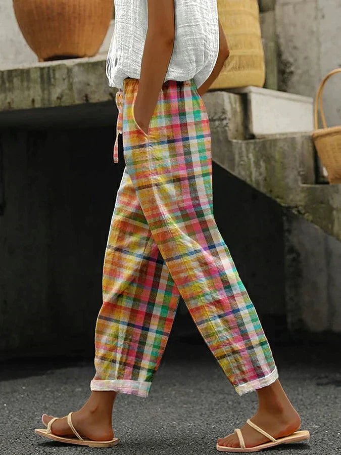Multicolor plaid women's linen blend drawstring pants, perfect for casual summer wear with a comfortable relaxed fit.
