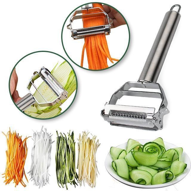 Multifunction stainless steel vegetable peeler & julienne slicer for efficient kitchen food prep.