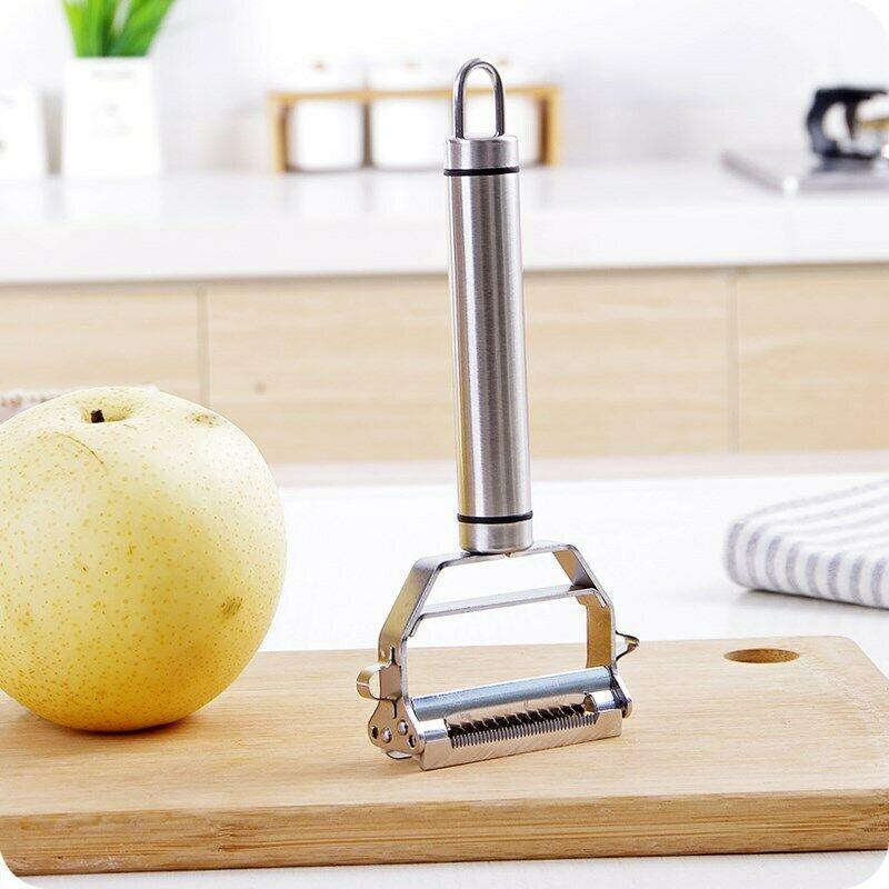 Ergonomic stainless steel vegetable peeler with a built-in julienne slicer, a versatile kitchen tool.