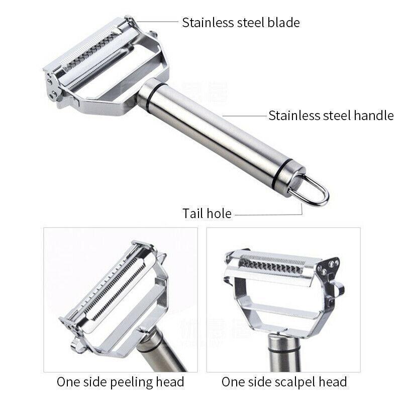 Vegetable peeler and julienne slicer made from high-quality stainless steel, for quick fruit and veggie prep.