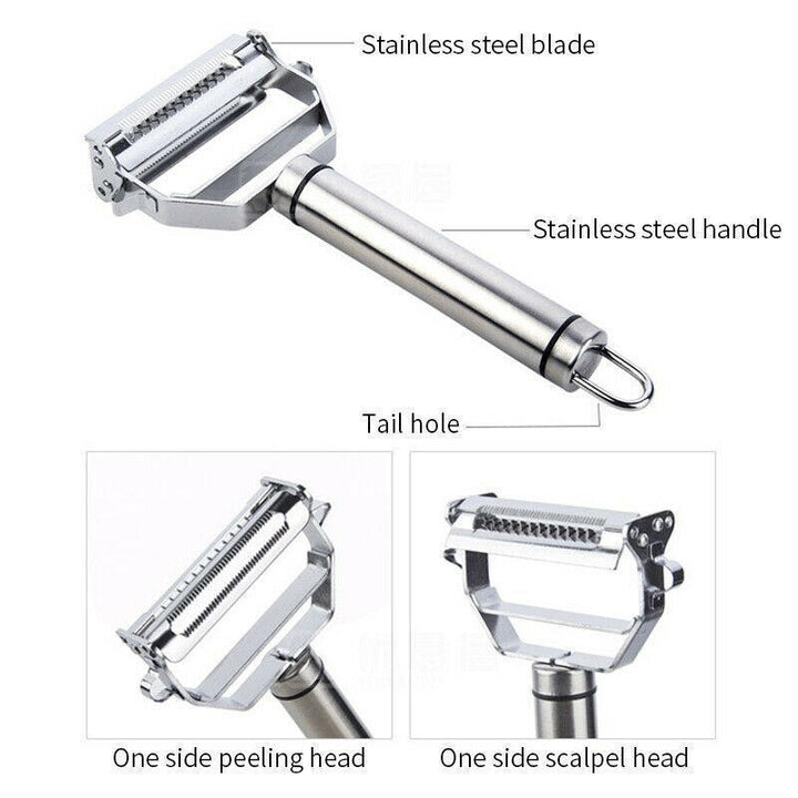 Vegetable peeler and julienne slicer made from high-quality stainless steel, for quick fruit and veggie prep.