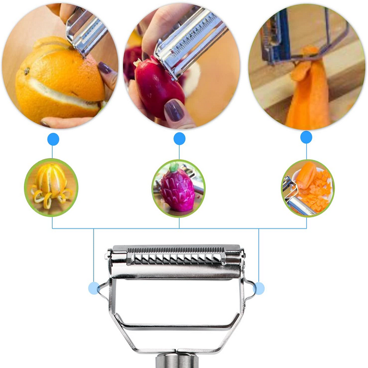 Compact stainless steel multifunction peeler, ideal for peeling and creating julienne strips with ease.