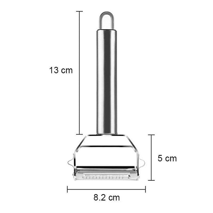 Kitchen tool: a sturdy stainless steel vegetable peeler and julienne slicer for diverse slicing needs.