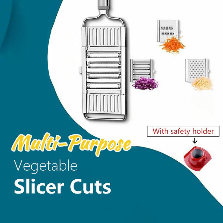 Close-up of a kitchen vegetable cutter showing interchangeable grater and shredder blades