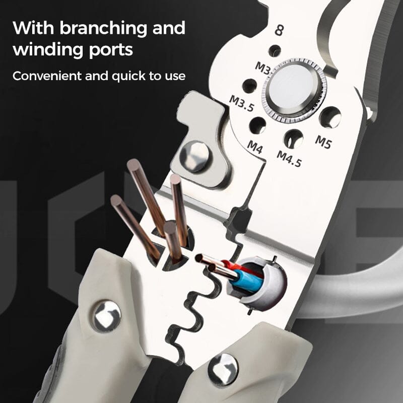 Close-up of wire stripper pliers multitool, showing stripping, crimping & cutting jaws