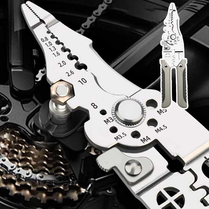Hand holding a robust wire stripper & crimper multitool, ideal for various cable jobs