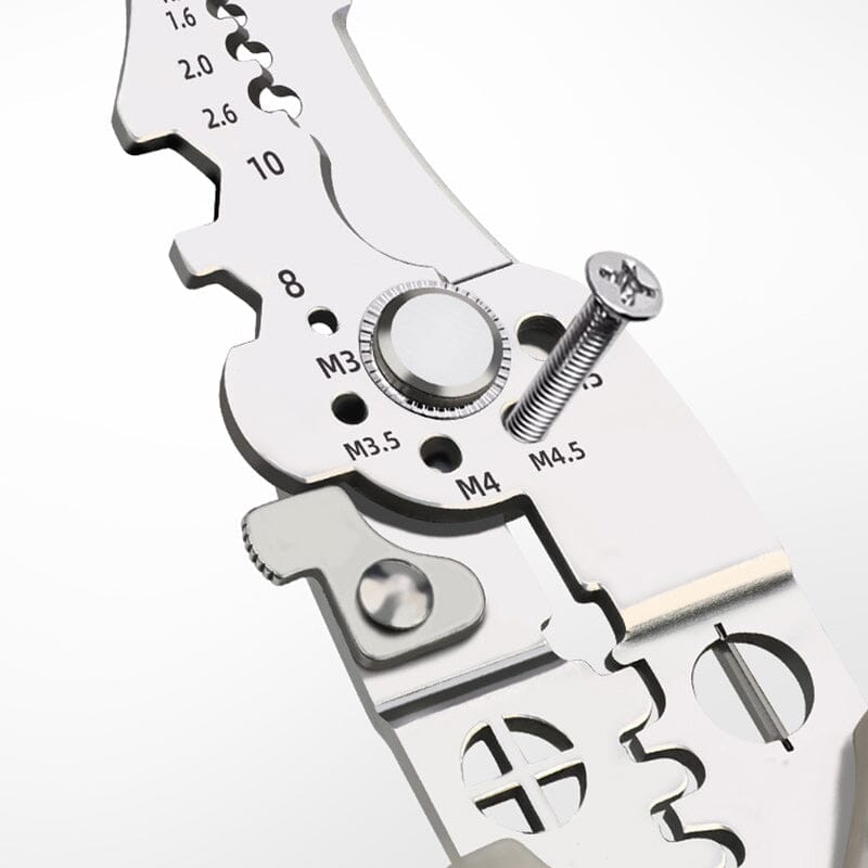 Detail shot of the crimping mechanism on the multifunctional wire stripper pliers tool