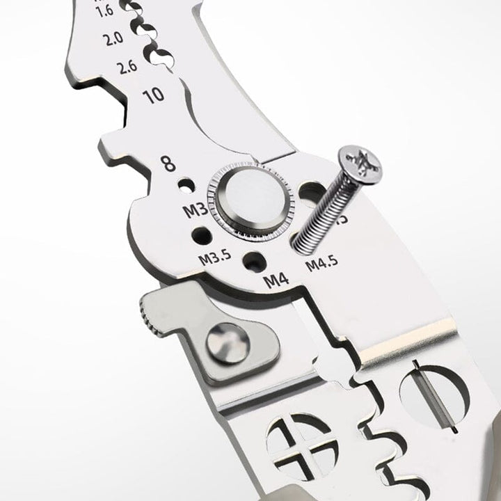 Detail shot of the crimping mechanism on the multifunctional wire stripper pliers tool