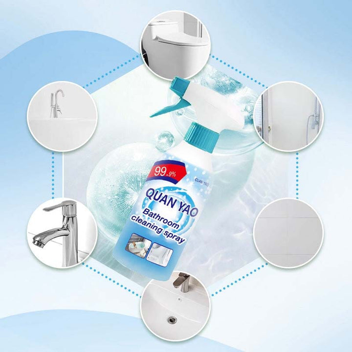 Close-up of a multipurpose bathroom cleaning spray bottle, labeled 'limescale remover & disinfectant'.