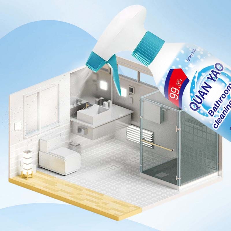 Bathroom cleaning kit showcasing various spray bottles, scrubber, and microfiber cloth.