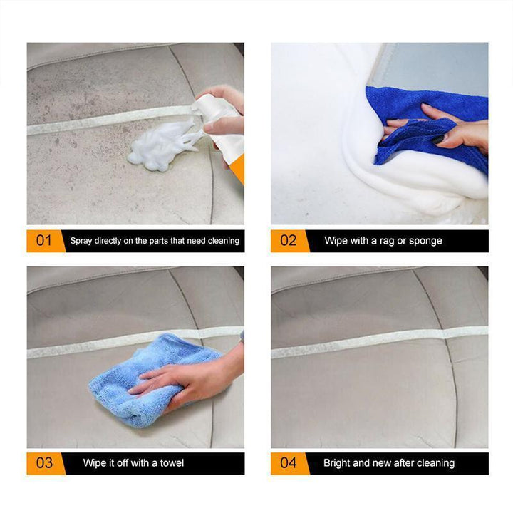 Car & home interior cleaning foam, demonstrating easy application on various dirty surfaces