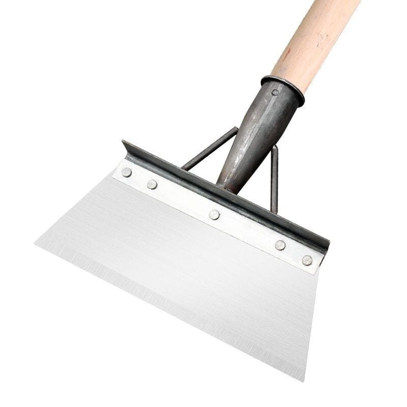 Versatile steel cleaning tool shown scraping weeds from patio cracks, highly effective