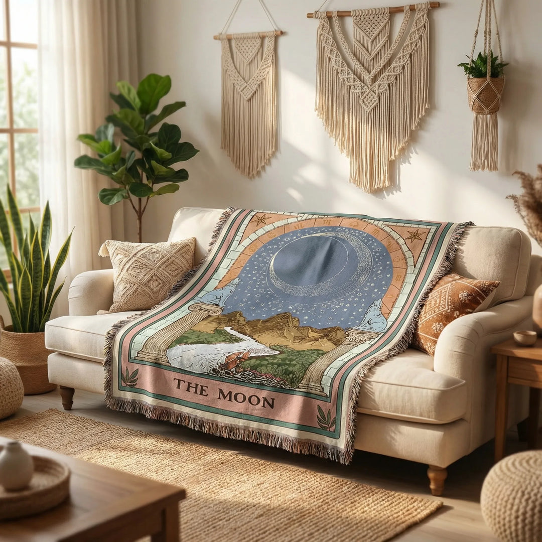 Mystical Tarot Wall Tapestry with celestial moon and stars, bohemian home decor for spiritual room ambiance.