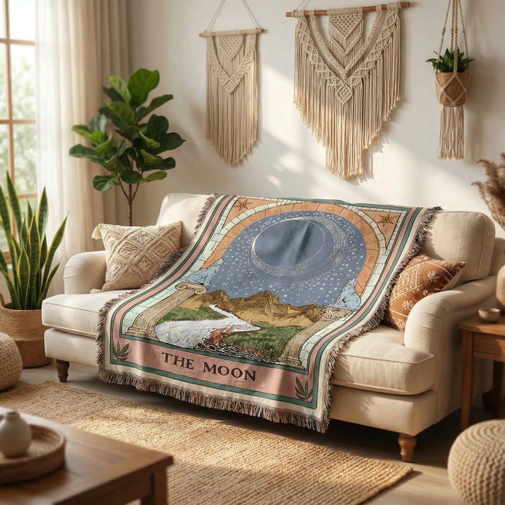 Mystical Tarot Wall Tapestry with celestial moon and stars, bohemian home decor for spiritual room ambiance.