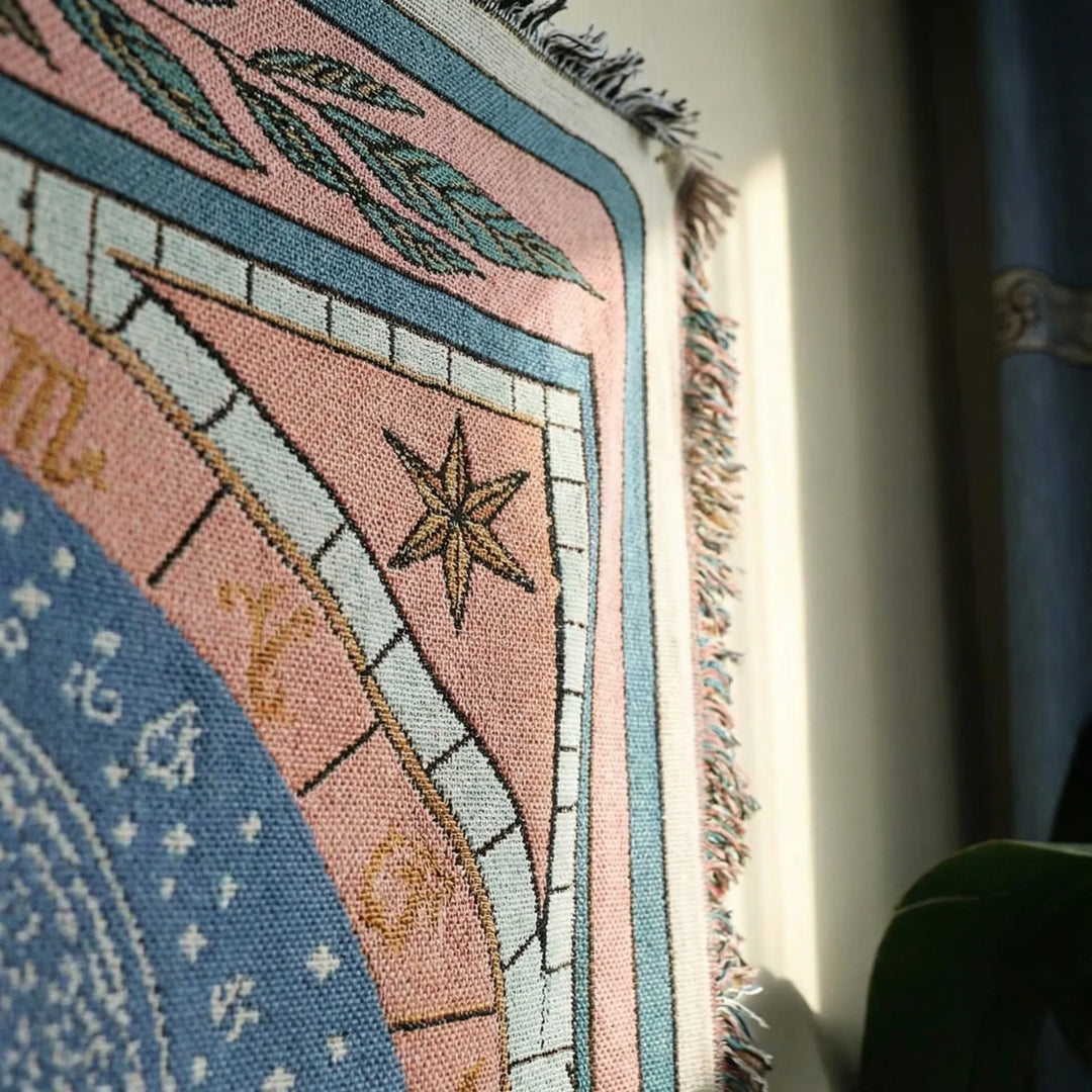 Celestial tarot tapestry, a mystical wall hanging for bohemian home decor, adding spiritual moon art to any room.