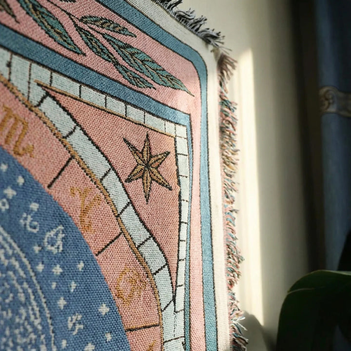 Celestial tarot tapestry, a mystical wall hanging for bohemian home decor, adding spiritual moon art to any room.