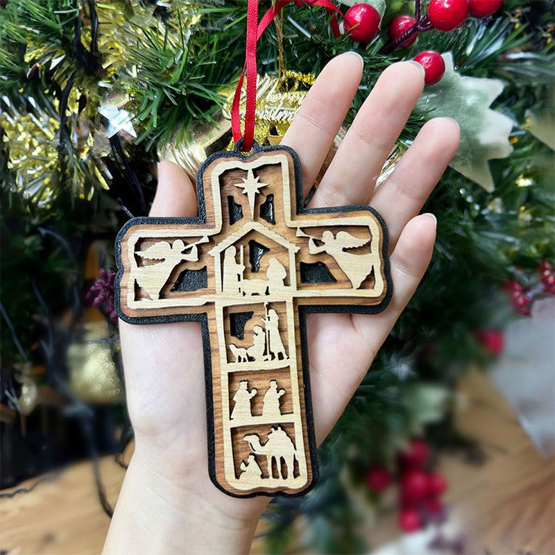 Religious Nativity Cross ornament, handcrafted wooden decor, perfect Christmas tree decoration