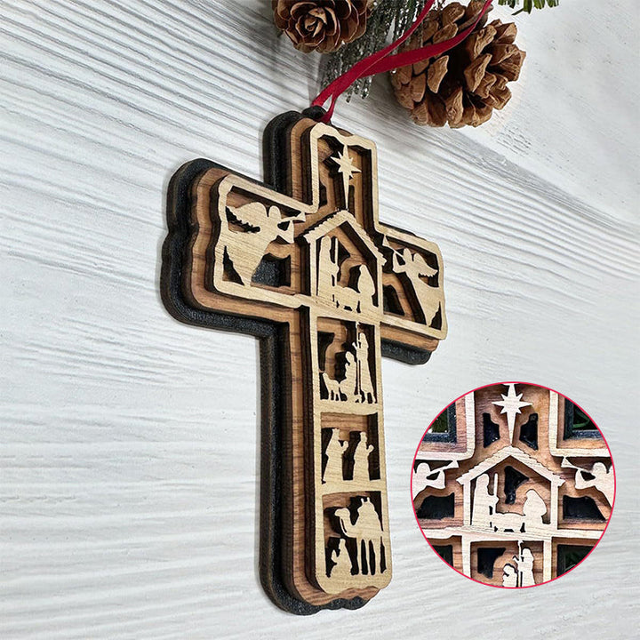 Christmas tree ornament: intricately carved wooden Nativity cross, a beautiful religious gift item
