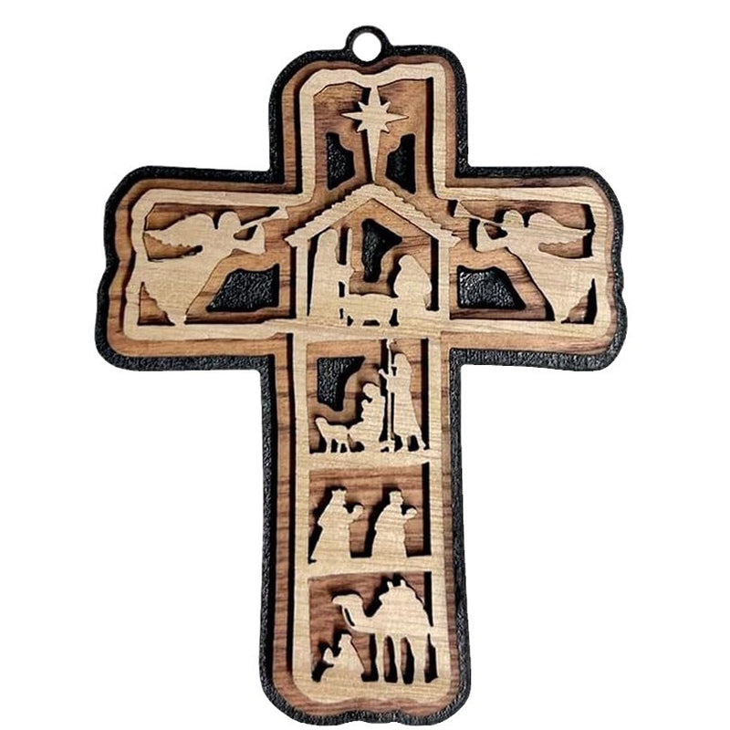 Religious Christmas ornament, wooden Nativity Cross design, symbolizing the holiday season
