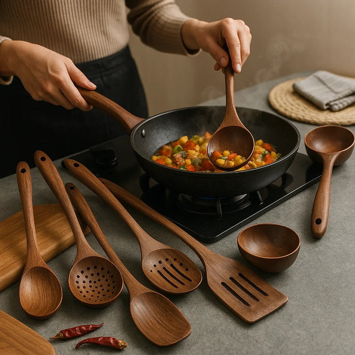 Eco-friendly teak wood cooking utensils, a durable and sustainable kitchen essential set for home chefs.